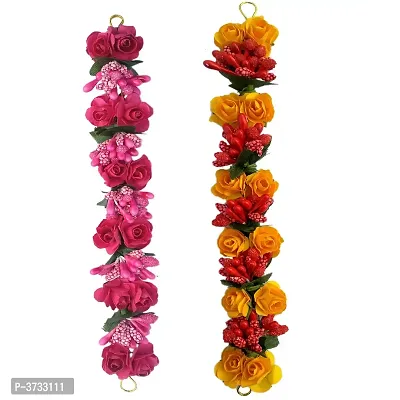 Stylish Juda Gajra Bun Hair Flower Gajra for Wedding and Parties Use for Women, Hair Accessories, Pink & Yellow, Pack of 2