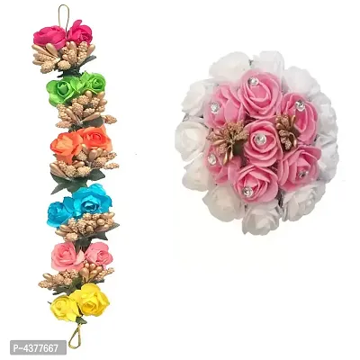 Juda Bun Hair Flower Artificial flower gajra and Multi Color gajra Combo for Wedding and Party