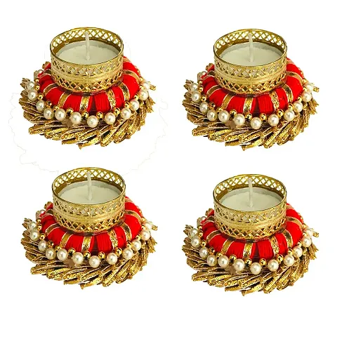 Gadinfashion? Decorative Diya Tealight Candle Holder/Diwali Diya, for Home Decoration/Gifting/Set of 4 (Red Color) Iron Tealight Holder Set (Red, Gold, Pack of 4)