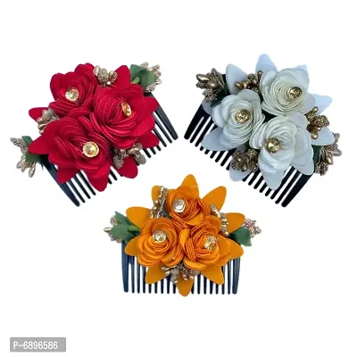 Maahal Multicolour Pack of 3 Comb Indo Western Embroidered Fancy Bridal Hair Clip/Side Pin/Comb Pin/Jooda Pin Hair Accessories with Cloth Rose Flower Embroidery for Women and Girls