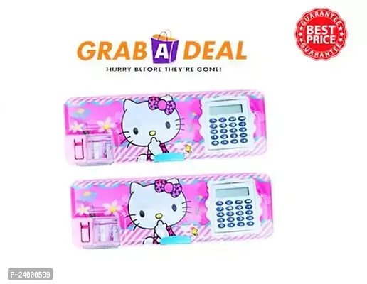 2 Sets Of Geometry Box Pink Hello Kitty Pencil Box With 2 Rainbow Pencils For Kids Boys And Girls With Multi Purpose Inbuilt Calculator And Pencil Sharpener