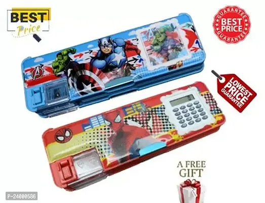 Geometry Box Spiderman And Batman Pencil Box For Kids Boys And Girls With Multi Purpose Inbuilt Calculator And Pencil Sharpener