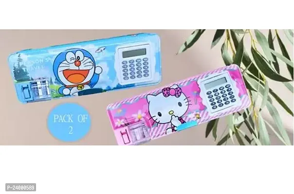 2 Sets Of Unique Magnetic Geometry Box Hello Kitty And Doremon Pencil Box With 2 Rainbow Pencils With Flip Calculator Feature Doremon 7 Hello Kitty Character