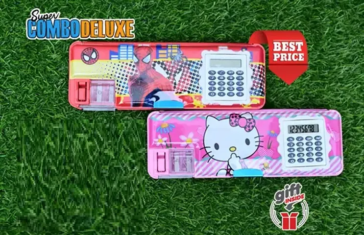 2 Sets Of Calculator Geometry Box Spider Man And Hello Kitty Pencil Box With 4 Rainbow Pencils