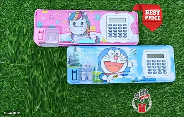 2 Sets Of Geometry Box Horse Pink And Blue Doremon Pencil Box With Inbuilt Calculator And Pencil Sharpener And 2 Rainbow Pencils