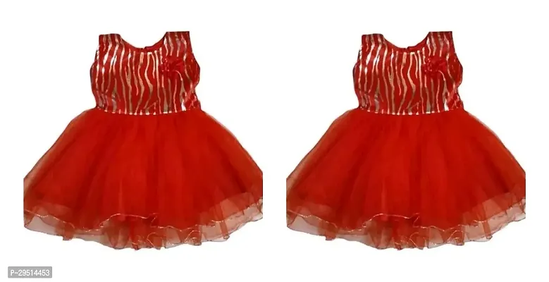 Elegant Red Cotton Blend Self Pattern Frocks For Girls- 2 Pieces