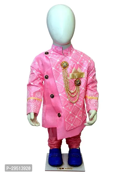 Stylish Pink Cotton Blend Self Pattern Sherwanis For Boys