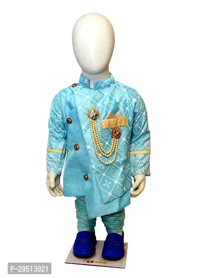 Stylish Blue Cotton Blend Self Pattern Sherwanis For Boys