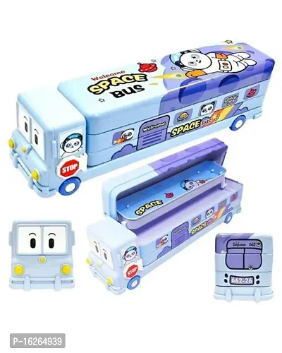 TOYS Bus Shape Pencil Box School Bus Geometry Box for Kids Magic Bus Space School Bus with Moving Tyres Metal Pencil Box with 3 Compartments  Cute Eyes (Multi Colour)-thumb0