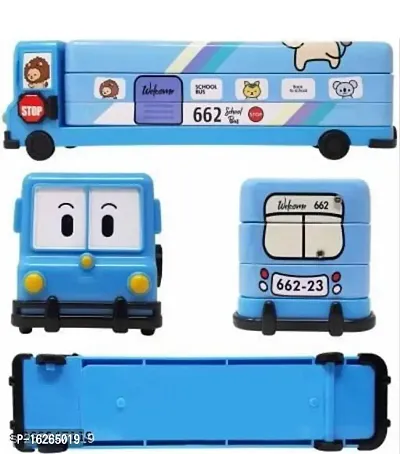 Cartoon Printed Bus Geometry Box Double Compartment Metal Body Pencil Case Pen Pencil Holder with Sharpener and Moving Tyres Like Bus Metal Pencil Box (Magic Multi  Colour For Girls)