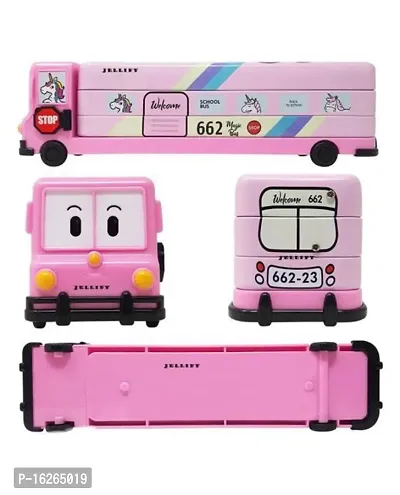 Cartoon Printed Bus Geometry Box Double Compartment Metal Body Pencil Case Pen Pencil Holder with Sharpener and Moving Tyres Like Bus Metal Pencil Box (Magic Multi  Colour For Girls)-thumb4