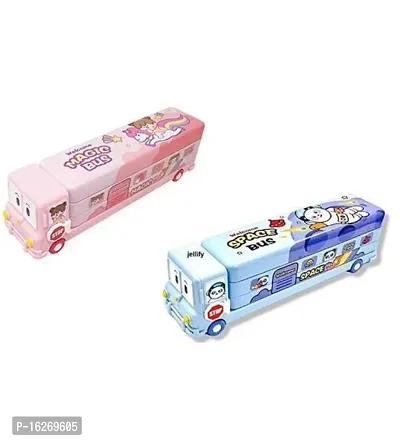 Cartoon Printed Magic Bus Geometry Box Double Compartment Metal Body Pencil Case Pen Pencil Holder with Sharpener and Moving Tyres Like Bus Random Color (Pack of 1)-thumb0
