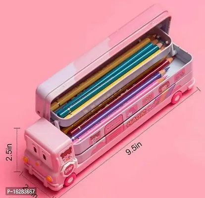 Cartoon Printed Magic Bus Geometry Box Double Compartment Metal Body Pencil Case Pen Pencil Holder with Sharpener and Moving Tyres Like Bus Random Color (Pack of 1)