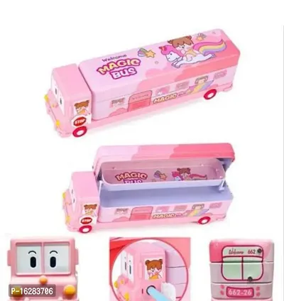 Pencil Box for Kids Bus with Moving Tyres  Sharpener for Kids Truck,Pencil Box for Girls n boys , Geometry Box for Magic Bus ( PINK OR BLUE only 1 pc)-thumb0