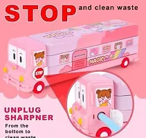 Pencil Box for Kids Bus with Moving Tyres  Sharpener for Kids Truck,Pencil Box for Girls n boys , Geometry Box for Magic Bus ( PINK OR BLUE only 1 pc)-thumb1