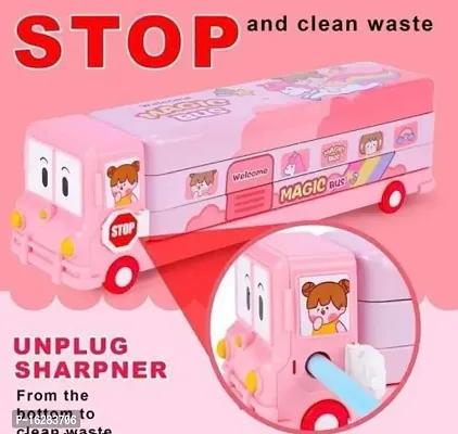 Pencil Box for Kids Bus with Moving Tyres  Sharpener for Kids Truck,Pencil Box for Girls n boys , Geometry Box for Magic Bus ( PINK OR BLUE only 1 pc)-thumb2