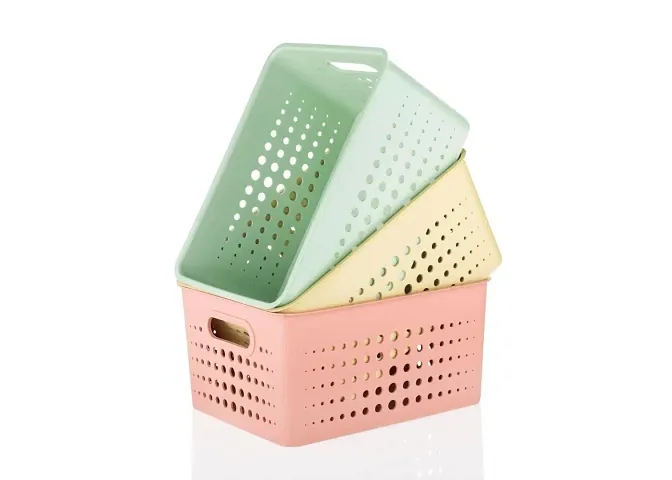 FARMER 3 Pieces Plastic Without Lid Storage Basket Multipurpose Colorful for Kitchen & Home Organiser Box for Wardrobe, FruitFARMERegetables, Toys, Stationary Items(25.2 * 19.2 * 12.2 cm)