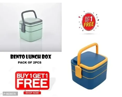 Buy 1 Get 1 FREE Offer, Lunch Box For School / Office, 2 Compartment Tiffin with Handle  Push Lock, Microwave Safe Food Grade Plastic Material (Color: Multicolor) - MADE IN INDIA-thumb0