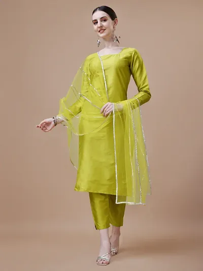 Stylish Art Silk Kurta Self Pattern with Bottom and Dupatta Set