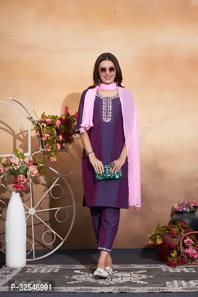 Stylish Purple Art Silk Embroidered Kurta Bottom and Dupatta Set For Women