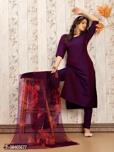 Stylish Purple Solid Art Silk Kurta Pant With Dupatta For Women-thumb5