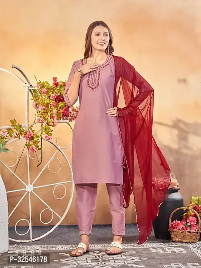 Stylish Pink Art Silk Embroidered Kurta, Bottom and Dupatta Set For Women