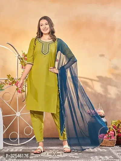 Stylish Olive Art Silk Embroidered Kurta, Bottom and Dupatta Set For Women