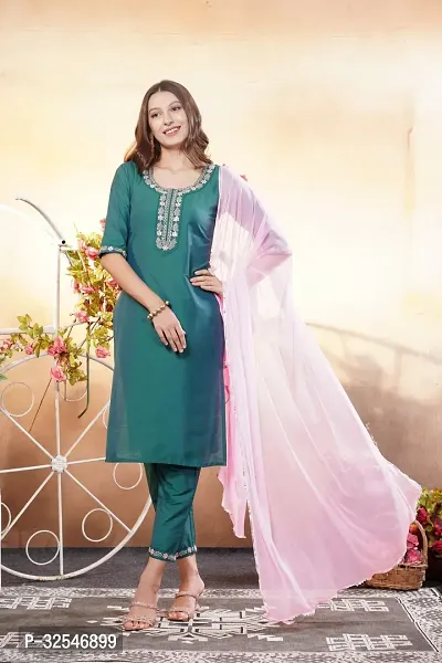 Stylish Green Art Silk Embroidered Kurta Bottom and Dupatta Set For Women