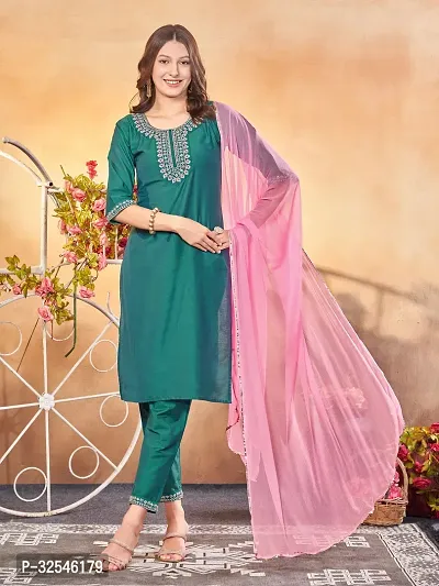 Stylish Green Art Silk Embroidered Kurta, Bottom and Dupatta Set For Women