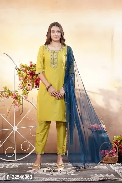 Stylish Yellow Art Silk Embroidered Kurta Bottom and Dupatta Set For Women