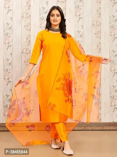 Stylish Yellow Solid Art Silk Kurta Pant With Dupatta For Women-thumb0