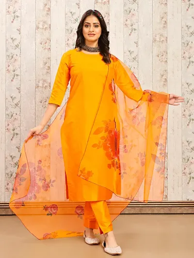 Beautiful Art Silk Solid Kurta Pant and Dupatta Set For Women