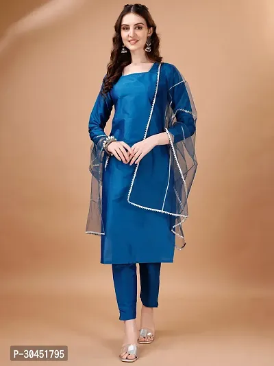 Elegant Blue Lace Border Art Silk Kurta with Pant And Dupatta Set For Women