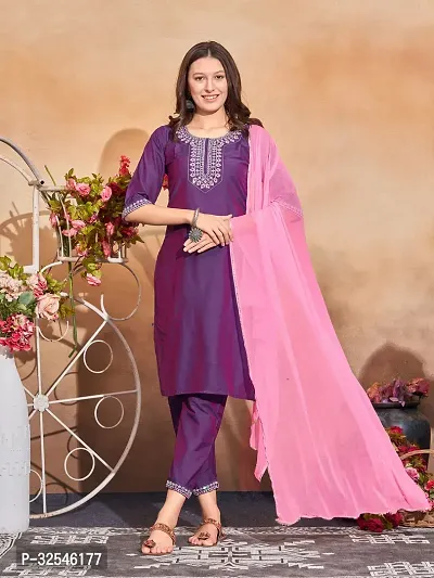 Stylish Purple Art Silk Embroidered Kurta, Bottom and Dupatta Set For Women