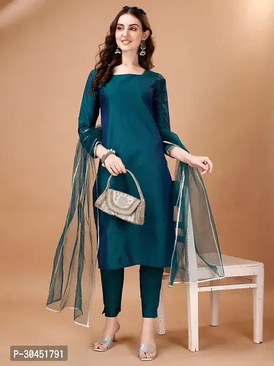 Elegant Olive Lace Border Art Silk Kurta with Pant And Dupatta Set For Women