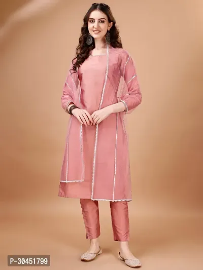 Elegant Peach Lace Border Art Silk Kurta with Pant And Dupatta Set For Women