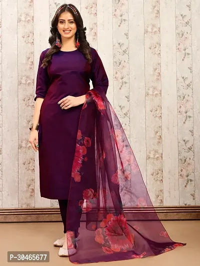 Stylish Purple Solid Art Silk Kurta Pant With Dupatta For Women-thumb0