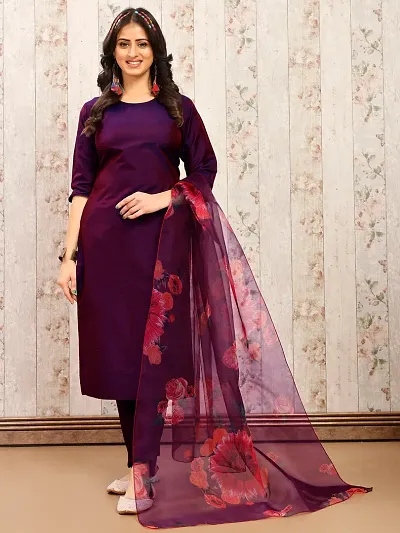 Stylish Solid Art Silk Kurta Pant With Dupatta For Women