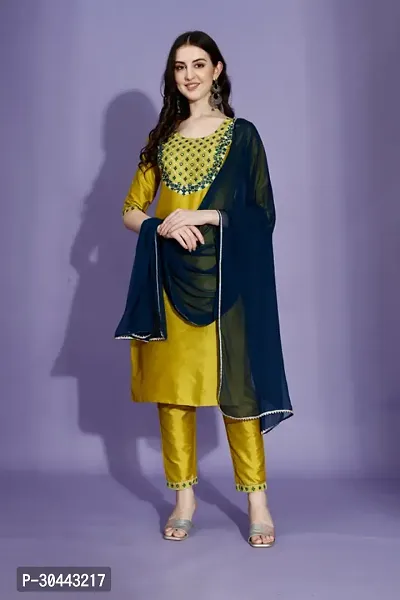 Stylish Mustard Art Silk Kurta, Bottom And Dupatta Set For Women-thumb0