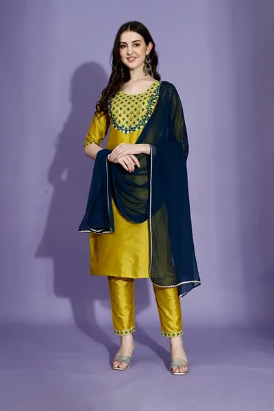 Stylish Art Silk Kurta, Bottom And Dupatta Set For Women