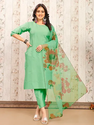 Beautiful Art Silk Solid Kurta Pant and Dupatta Set For Women