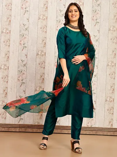 Beautiful Art Silk Solid Kurta Pant and Dupatta Set For Women