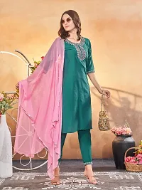 Stylish Green Art Silk Embroidered Kurta, Bottom and Dupatta Set For Women-thumb1