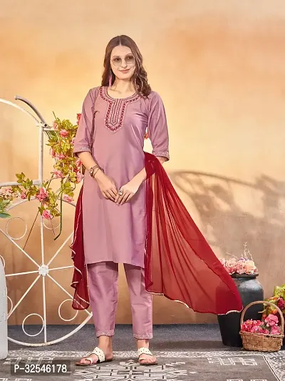 Stylish Pink Art Silk Embroidered Kurta, Bottom and Dupatta Set For Women-thumb4