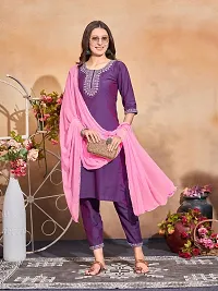 Stylish Purple Art Silk Embroidered Kurta, Bottom and Dupatta Set For Women-thumb1