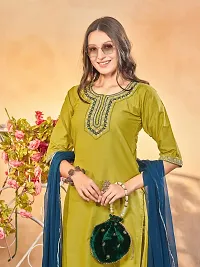 Stylish Olive Art Silk Embroidered Kurta, Bottom and Dupatta Set For Women-thumb3