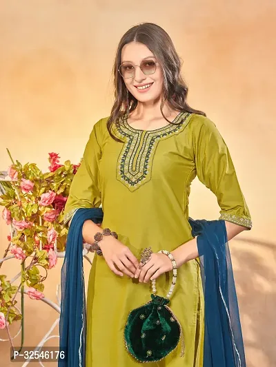 Stylish Olive Art Silk Embroidered Kurta, Bottom and Dupatta Set For Women-thumb4