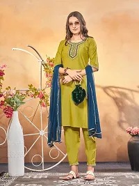 Stylish Olive Art Silk Embroidered Kurta, Bottom and Dupatta Set For Women-thumb2