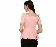 Elite Pink Lycra Solid Peplum Puffed Sleeves Top For Women-thumb4