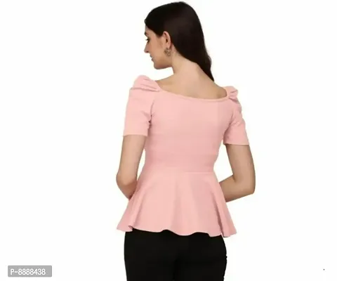Elite Pink Lycra Solid Peplum Puffed Sleeves Top For Women-thumb5